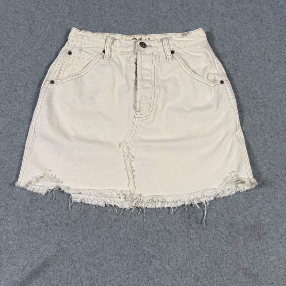 We The Free Free People Denim Mini Skirt Off White Distressed Frayed Hem 26